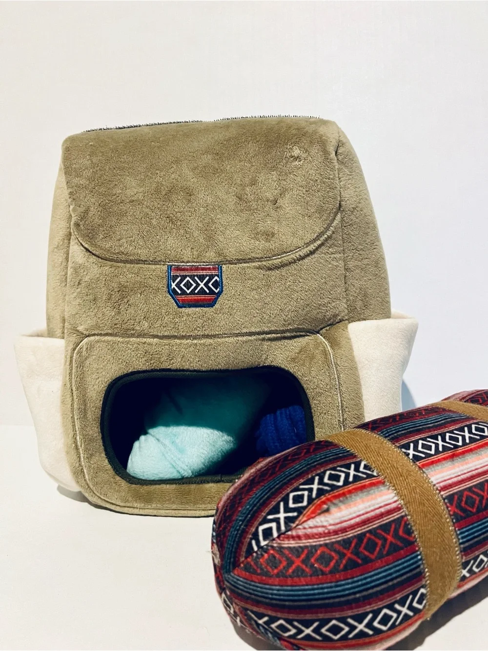 Doggie Plush Travel Back Pack with Pillow- Taupe & Cream with Southwest DesignB9